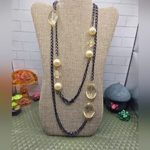 917. Fun Double Black Chain And Cream Colored Beaded Necklace